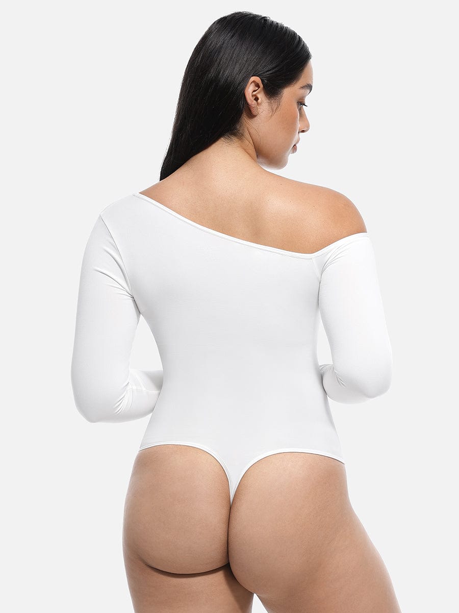 Seamless Diagonal Neck Long Sleeve Waist Trimming Thong Bodysuit - FirmaSculpt