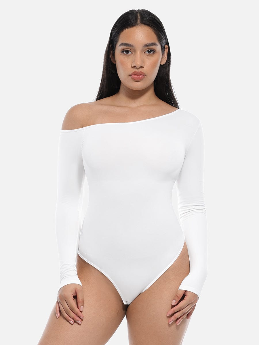 Seamless Diagonal Neck Long Sleeve Waist Trimming Thong Bodysuit - FirmaSculpt