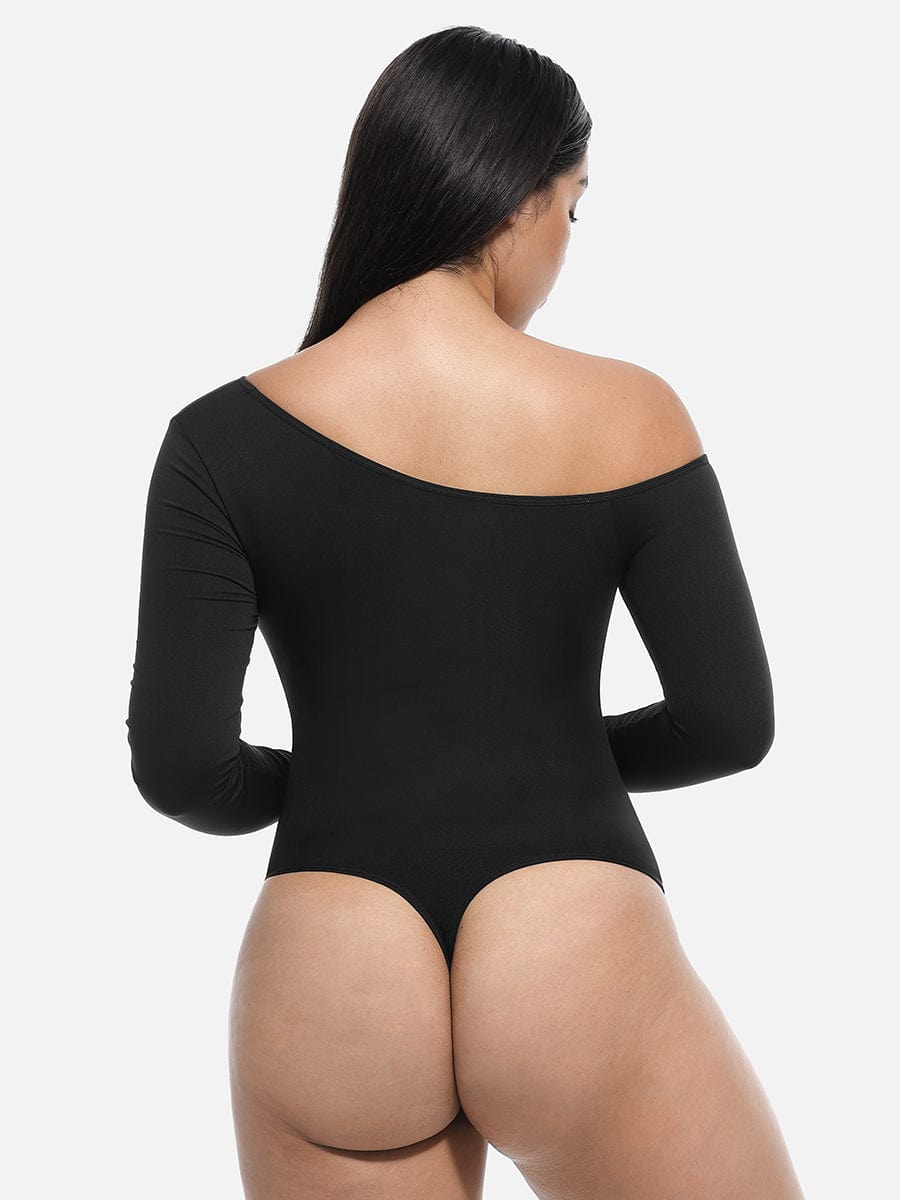 Seamless Diagonal Neck Long Sleeve Waist Trimming Thong Bodysuit - FirmaSculpt
