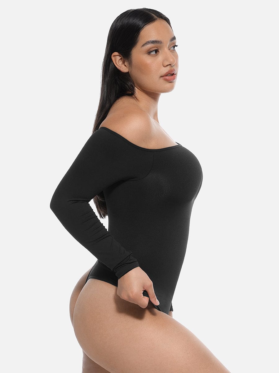 Seamless Diagonal Neck Long Sleeve Waist Trimming Thong Bodysuit - FirmaSculpt