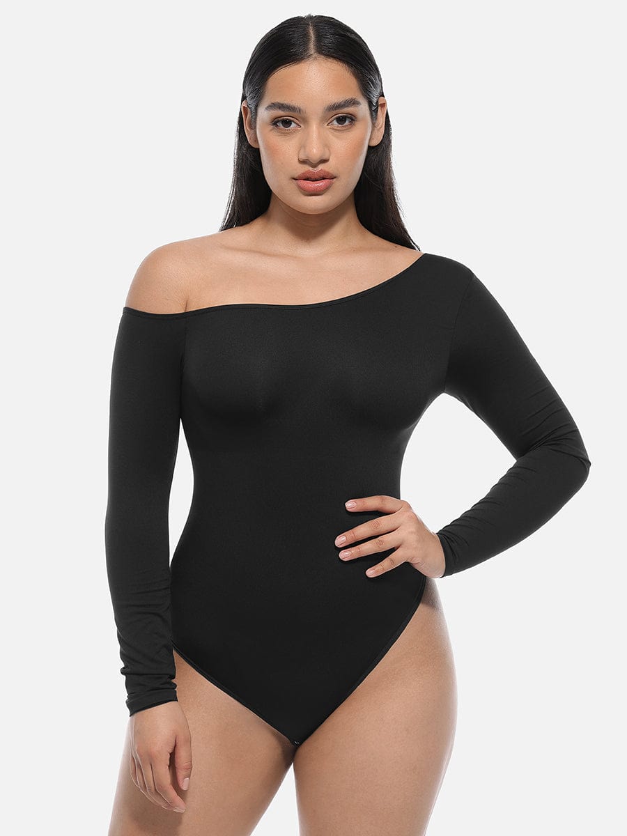 Seamless Diagonal Neck Long Sleeve Waist Trimming Thong Bodysuit - FirmaSculpt