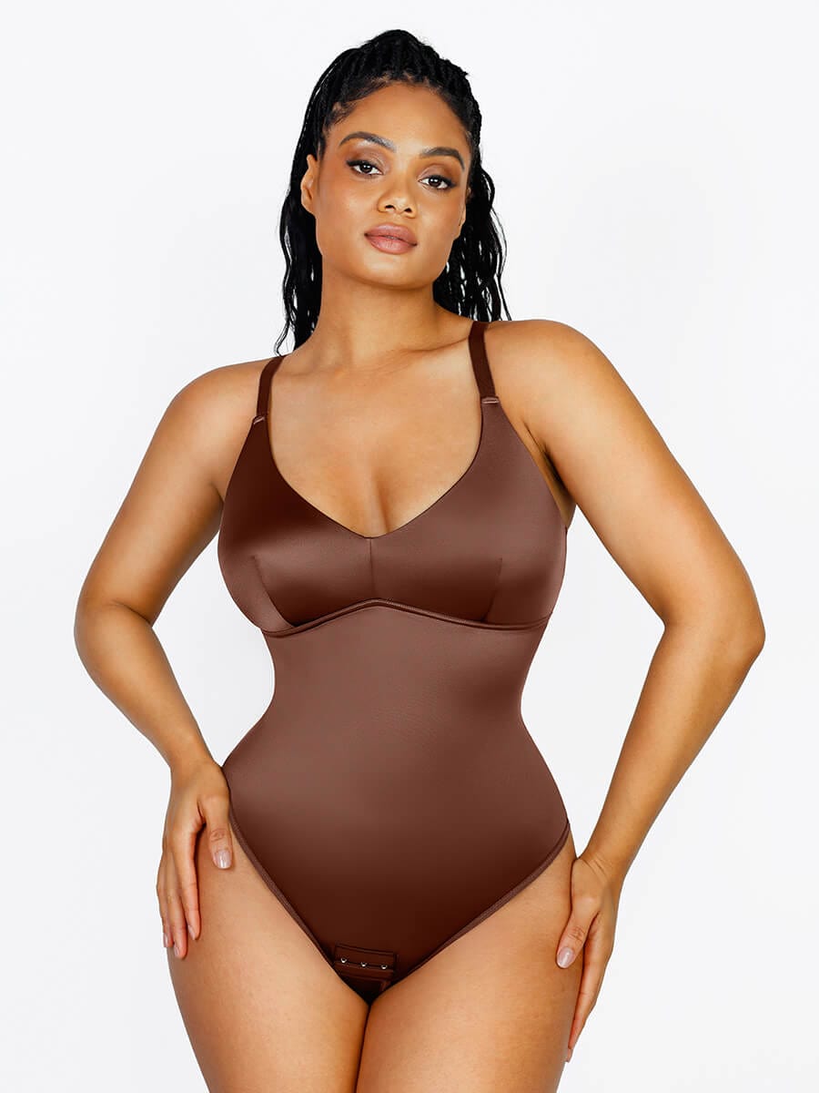 Shaping Satin Built-in Elastic Mesh Fabric Thong Bodysuit - FirmaSculpt