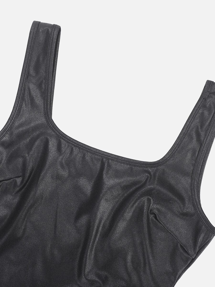 Faux Leather Square Comfy Elastic Tummy Control Bodysuit - FirmaHold