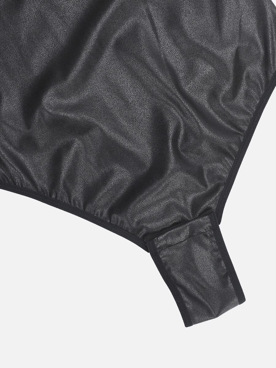 Faux Leather Square Comfy Elastic Tummy Control Bodysuit - FirmaHold