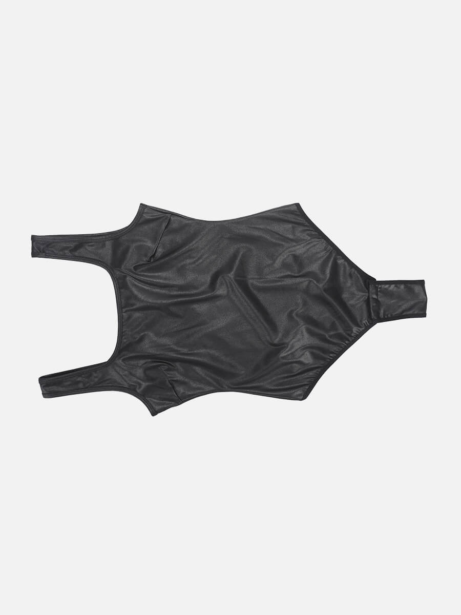 Faux Leather Square Comfy Elastic Tummy Control Bodysuit - FirmaHold