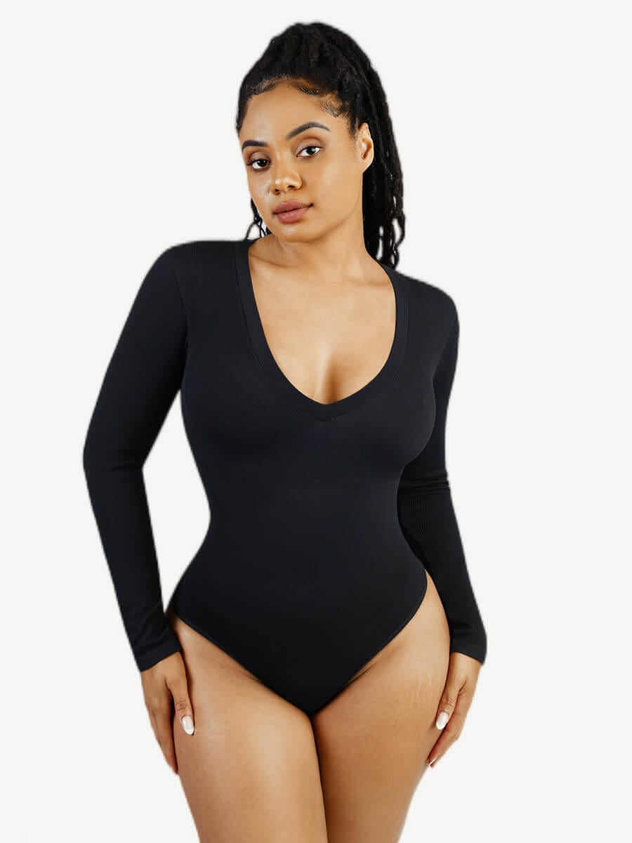 Long-Sleeve V-Neck Tummy Control Seamless Bodysuit - FirmaSculpt