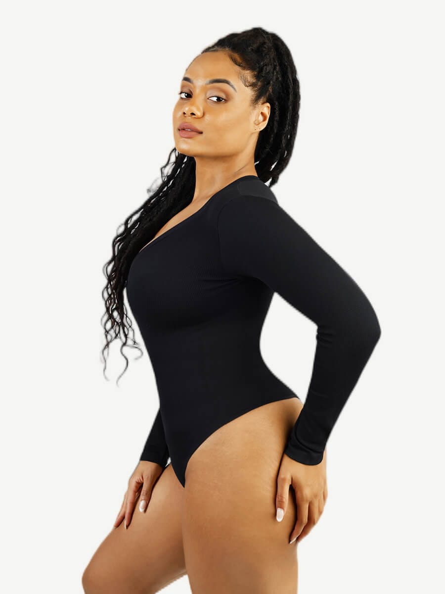 Long-Sleeve V-Neck Tummy Control Seamless Bodysuit - FirmaSculpt