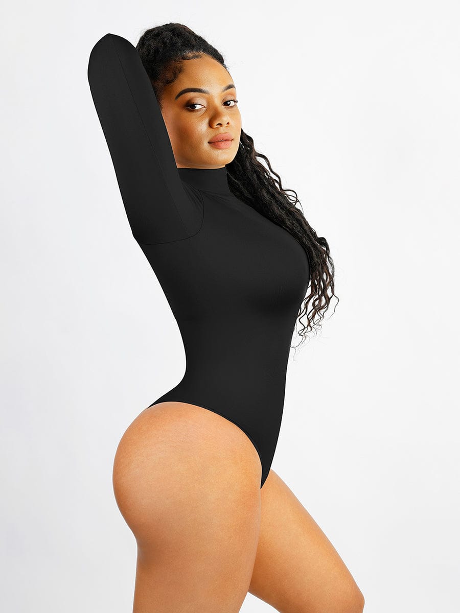 Seamless Eco-friendly Turtle Neck Long Sleeve Thong Bodysuit - FirmaFlex