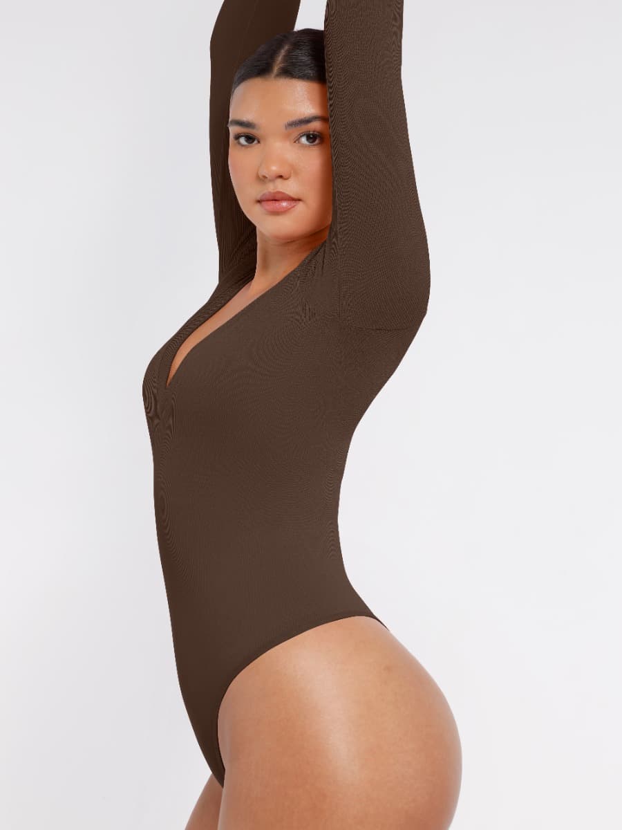 Long-Sleeve V-Neck Tummy Control Seamless Bodysuit - FirmaSculpt