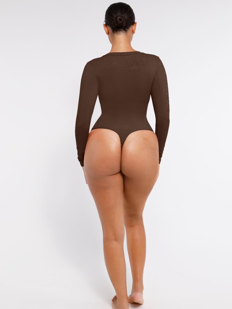 Long-Sleeve V-Neck Tummy Control Seamless Bodysuit - FirmaSculpt