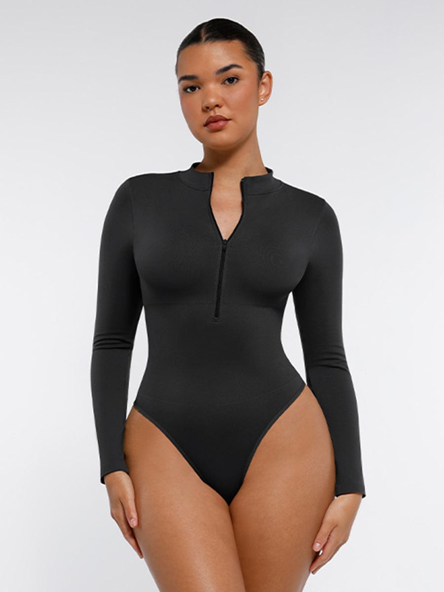 Seamless Long Sleeve Zipper Thong Bodysuit - FirmaFlex