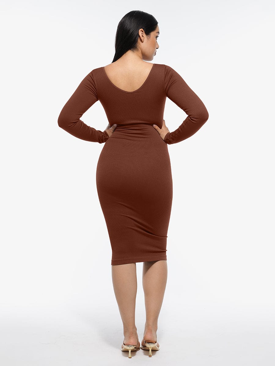 Eco-friendly Seamless V Neck Long Sleeve Waist Trimming Shaper Dress - FirmaSculpt
