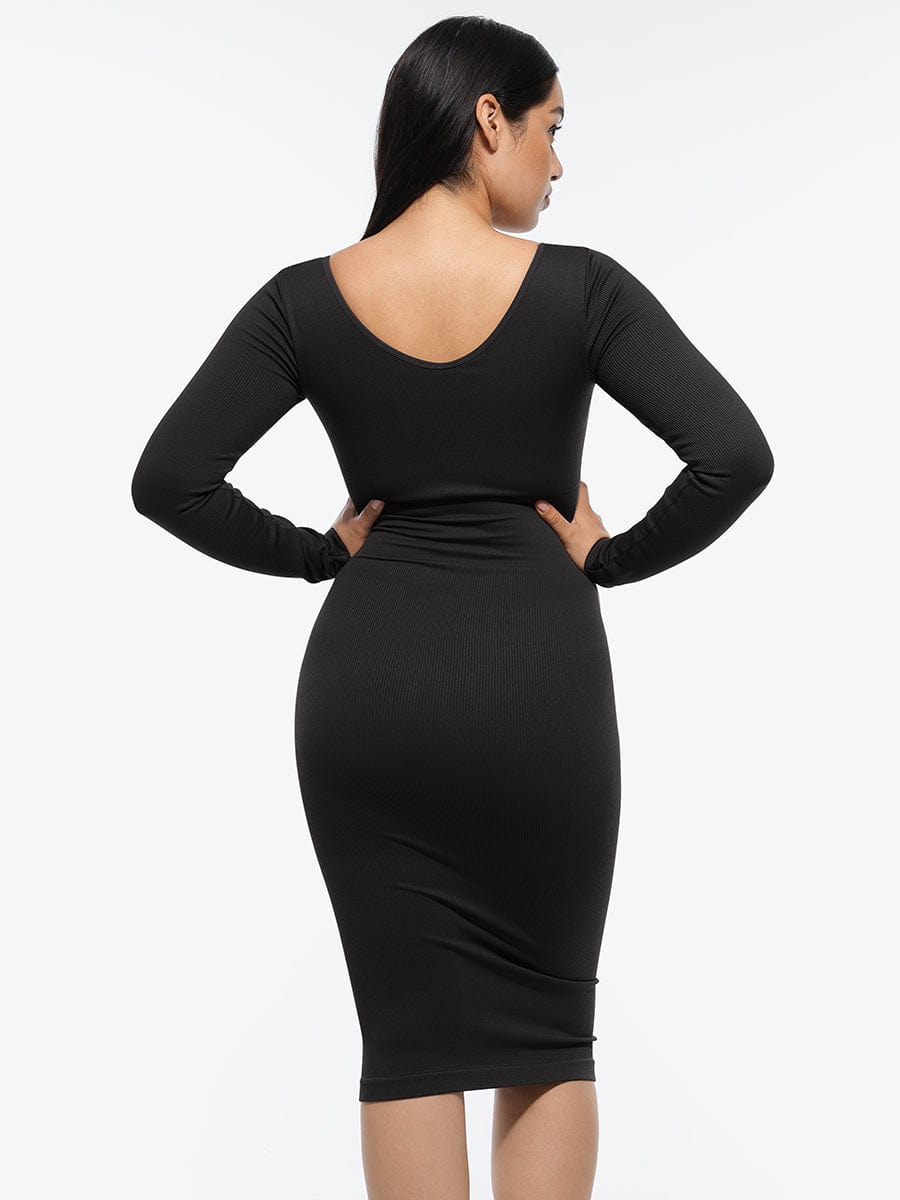 Eco-friendly Seamless V Neck Long Sleeve Waist Trimming Shaper Dress - FirmaSculpt