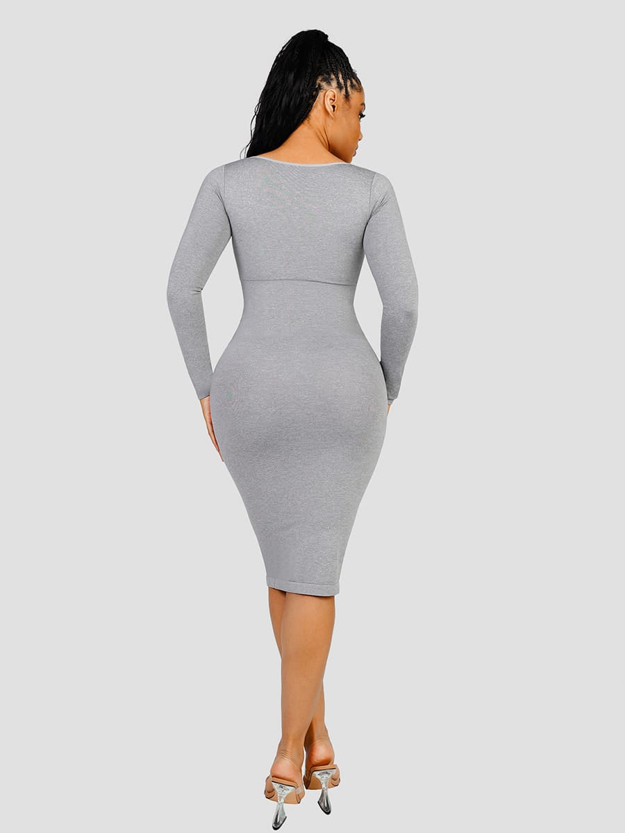 Eco-friendly Seamless Square Neck Long Sleeve Shaper Dress - FirmaSculpt