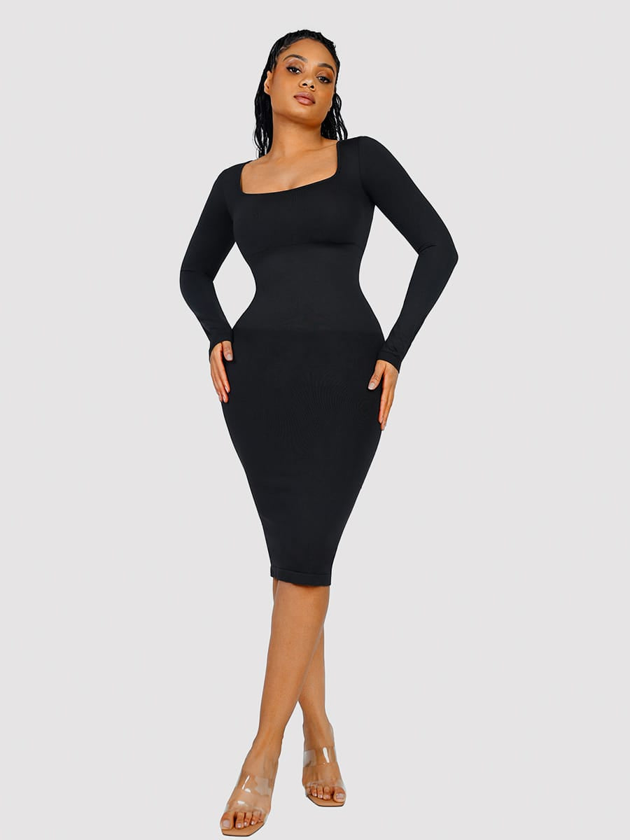 Eco-friendly Seamless Square Neck Long Sleeve Shaper Dress - FirmaSculpt