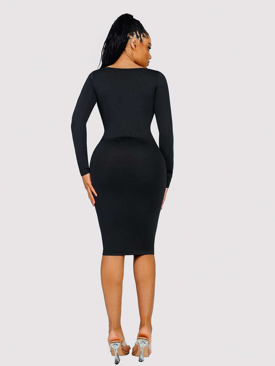 Eco-friendly Seamless Square Neck Long Sleeve Shaper Dress - FirmaSculpt