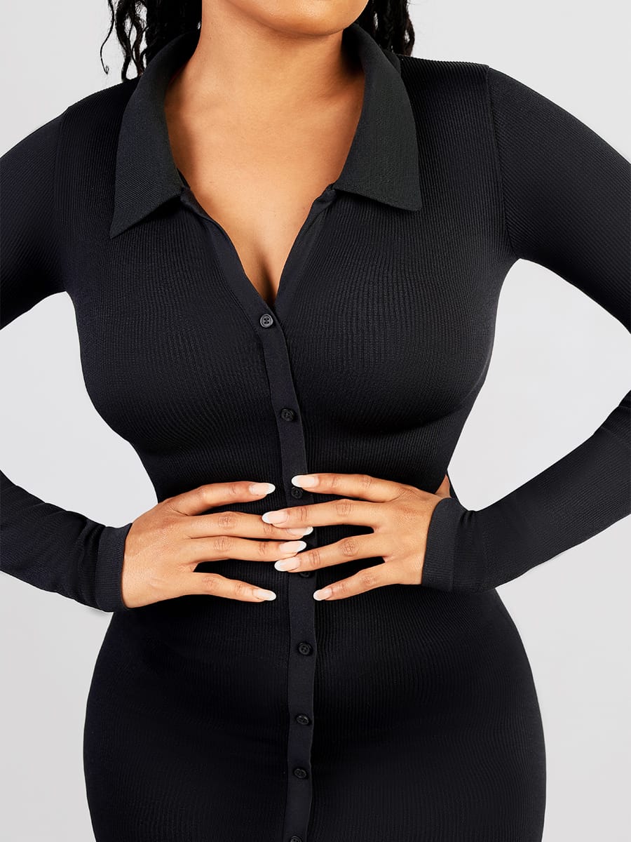 Retro Long-Sleeve Waist Trimming Shirt Dress - FirmaSculpt