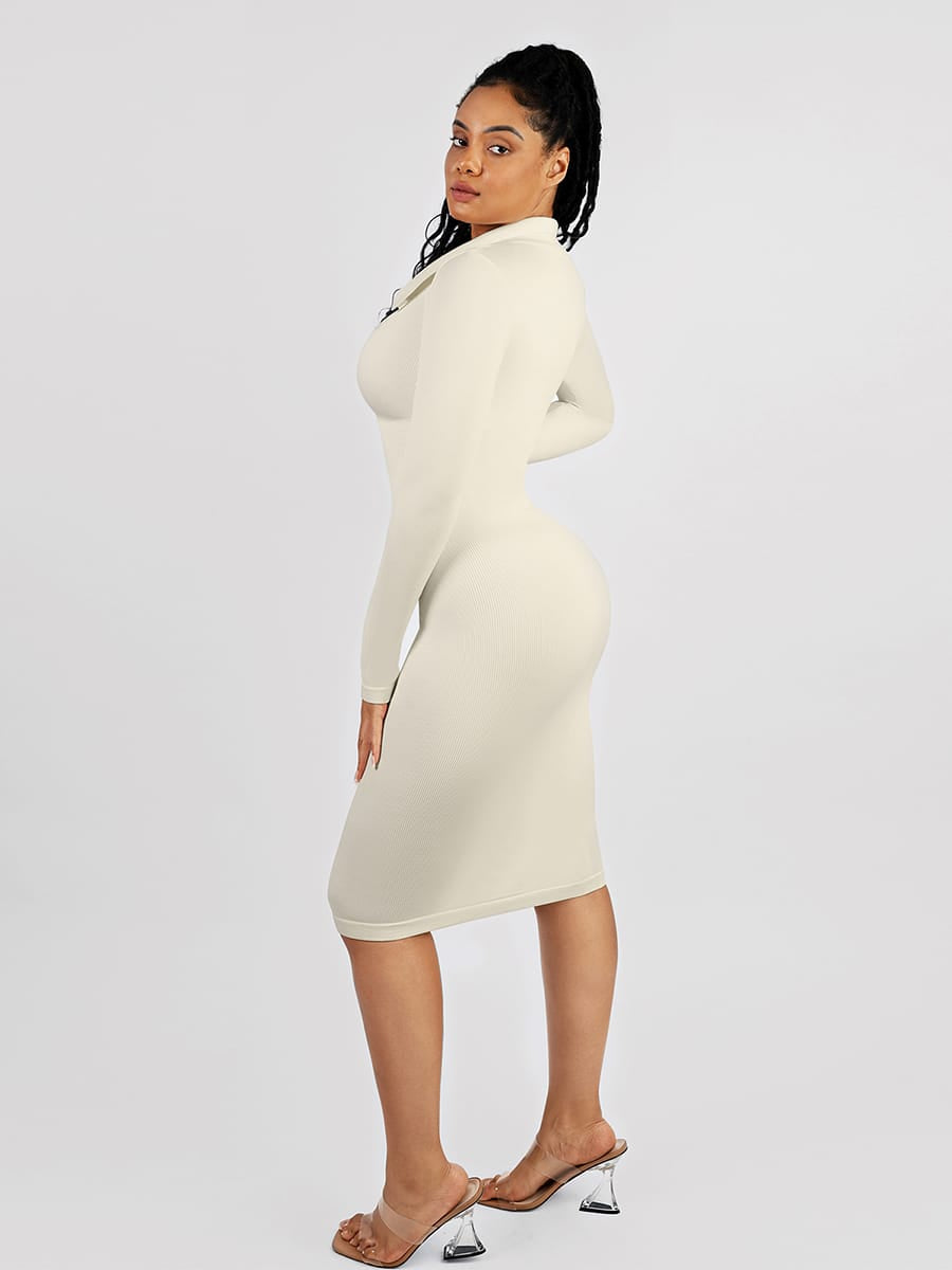 Retro Long-Sleeve Waist Trimming Shirt Dress - FirmaSculpt
