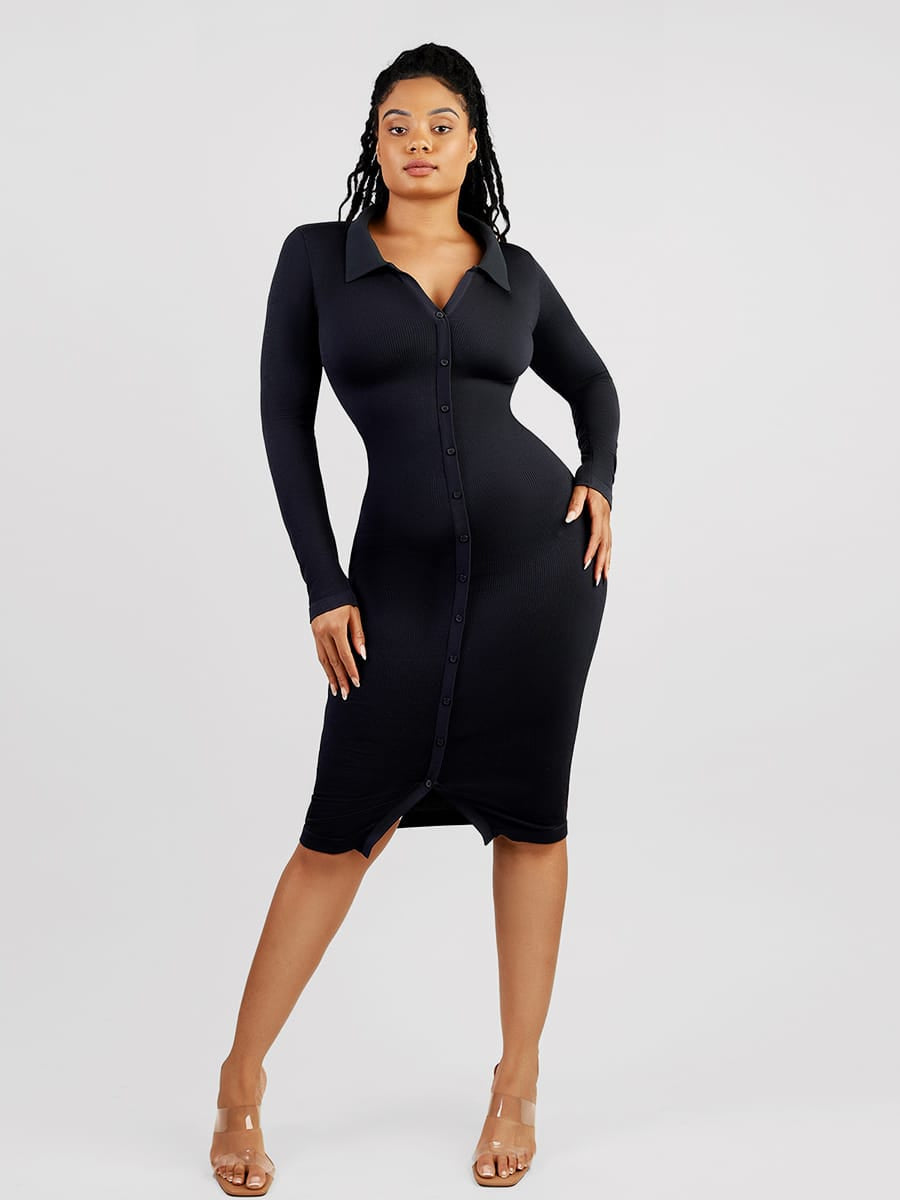 Retro Long-Sleeve Waist Trimming Shirt Dress - FirmaSculpt