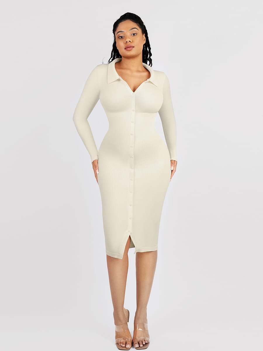 Retro Long-Sleeve Waist Trimming Shirt Dress - FirmaSculpt