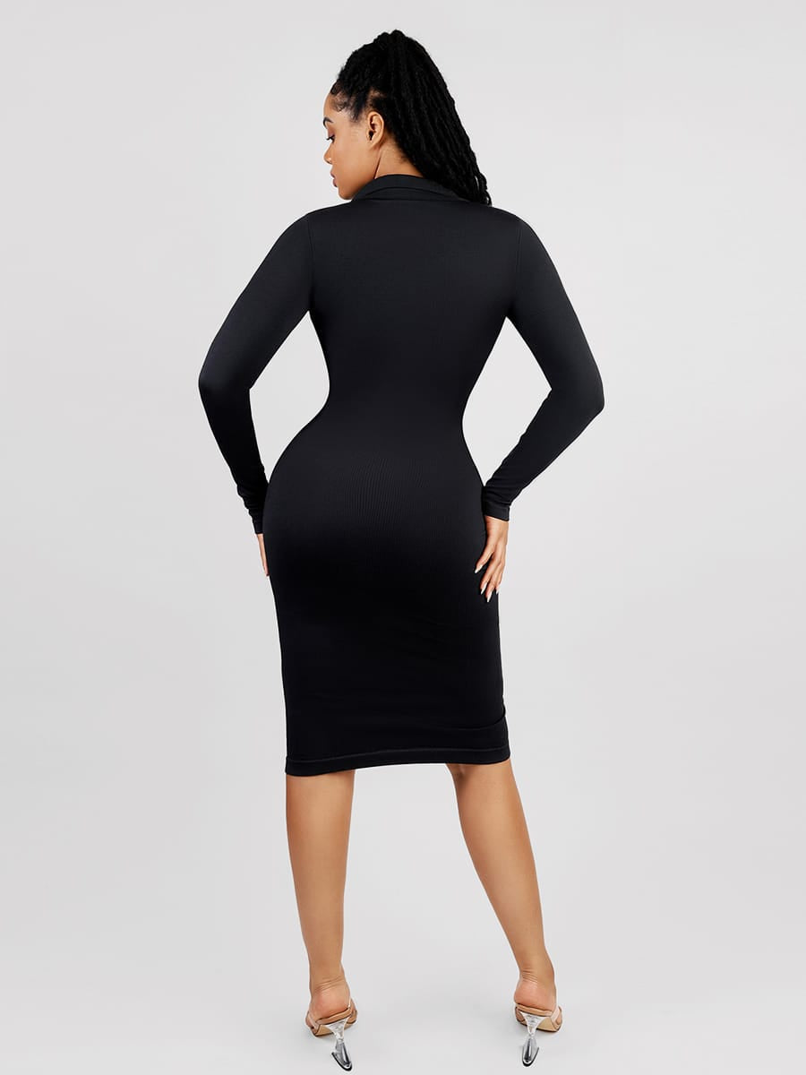 Retro Long-Sleeve Waist Trimming Shirt Dress - FirmaSculpt
