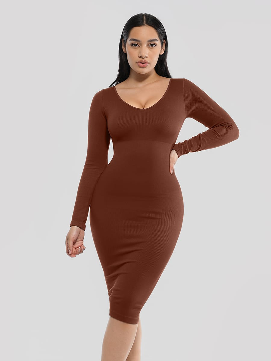 Eco-friendly Seamless V Neck Long Sleeve Waist Trimming Shaper Dress - FirmaSculpt