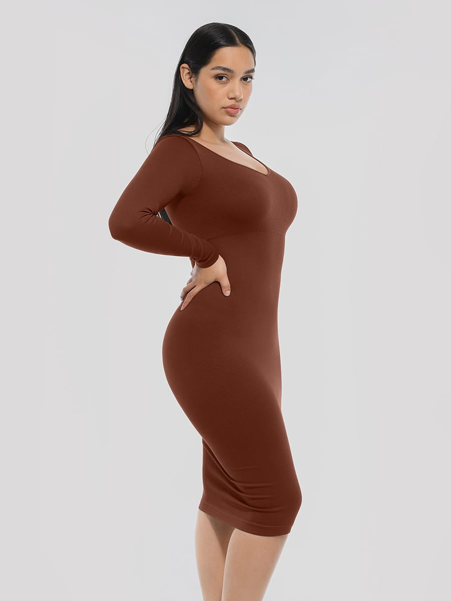 Eco-friendly Seamless V Neck Long Sleeve Waist Trimming Shaper Dress - FirmaSculpt