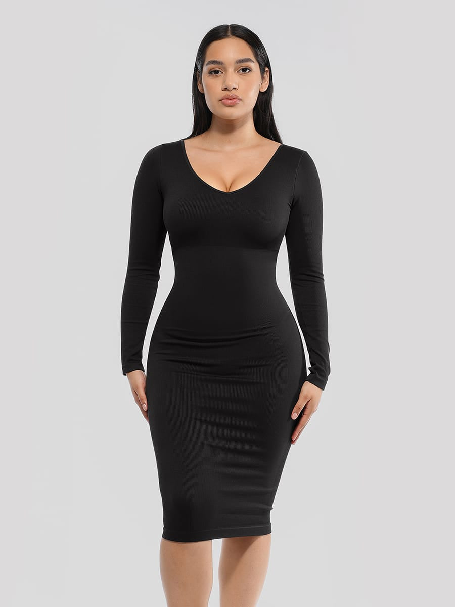 Eco-friendly Seamless V Neck Long Sleeve Waist Trimming Shaper Dress - FirmaSculpt