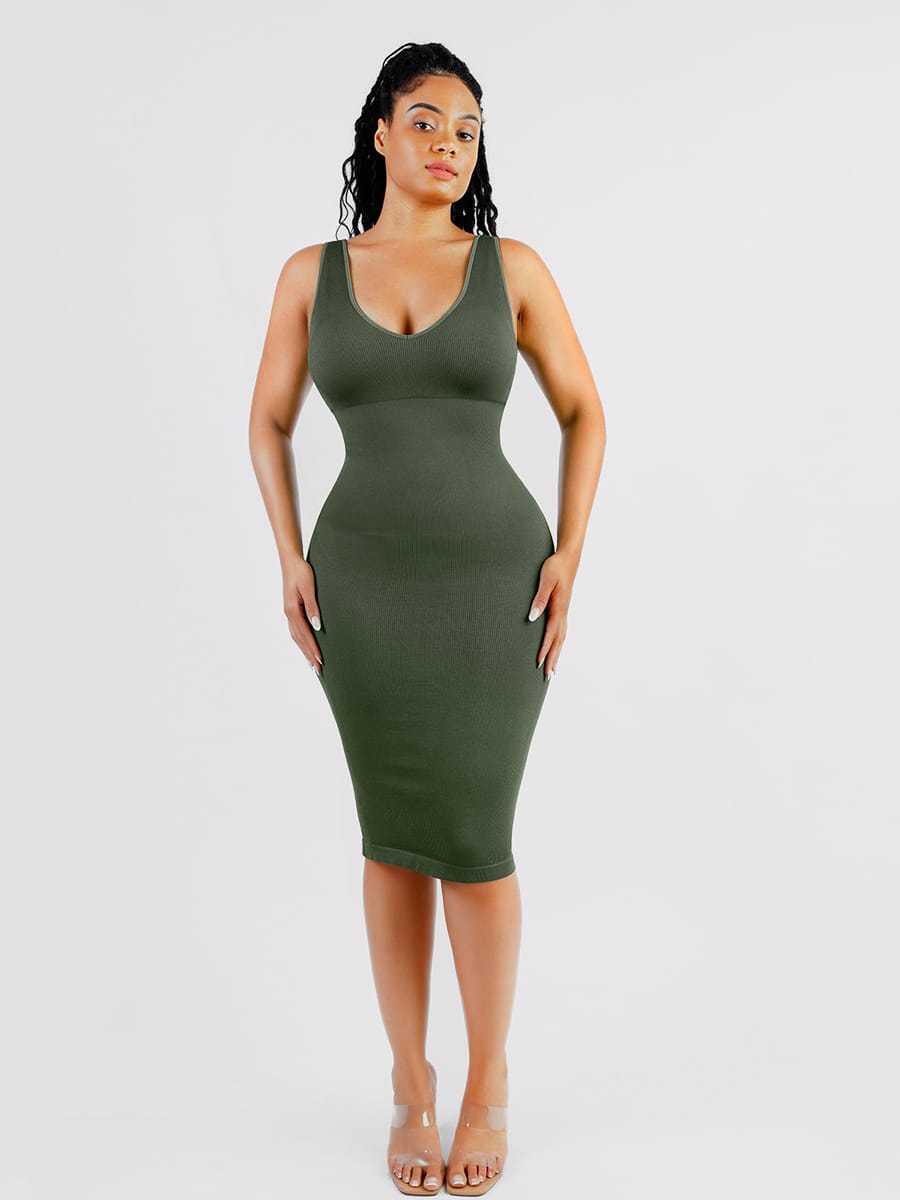 Eco-friendly Seamless Deep V-neck Waist Trimming Shaping Dress with Removable Pads - FirmaSculpt