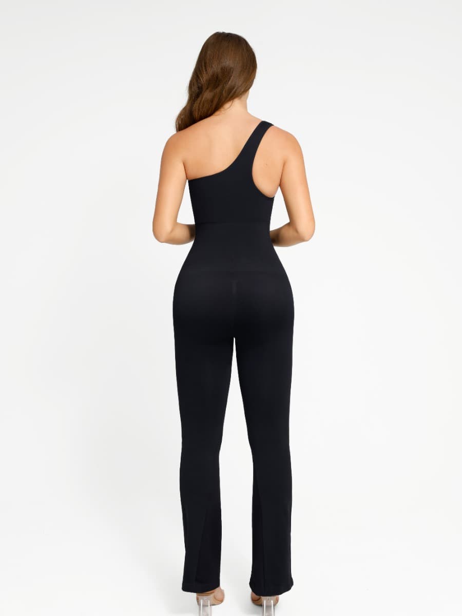 Sloped-Shoulder Flared-Leg Shaping Jumpsuit - FirmaSculpt