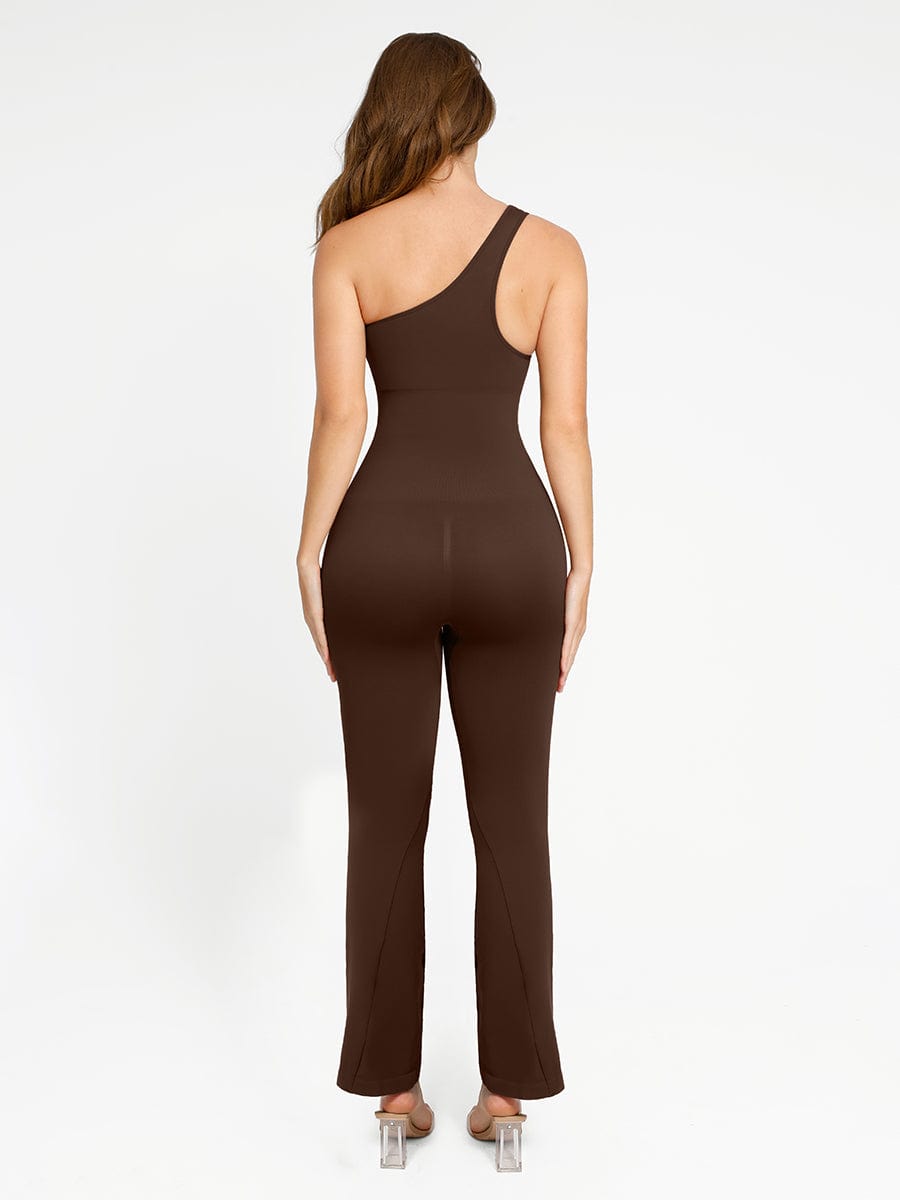 Sloped-Shoulder Flared-Leg Shaping Jumpsuit - FirmaSculpt