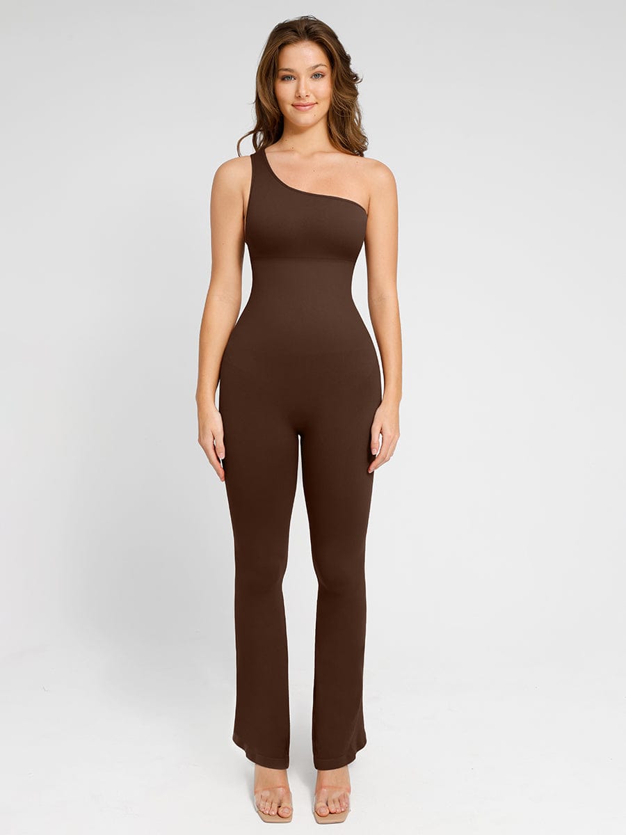 Sloped-Shoulder Flared-Leg Shaping Jumpsuit - FirmaSculpt