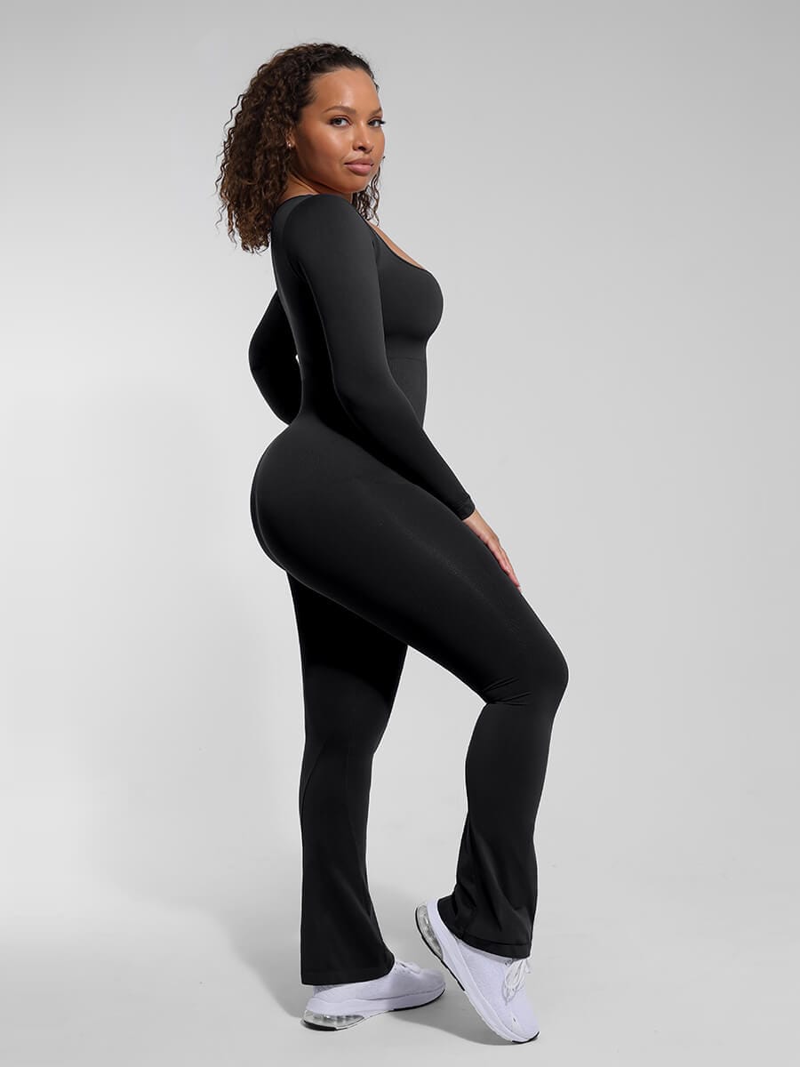 Square-Neck Flared-Leg Shaping Jumpsuit - FirmaSculpt