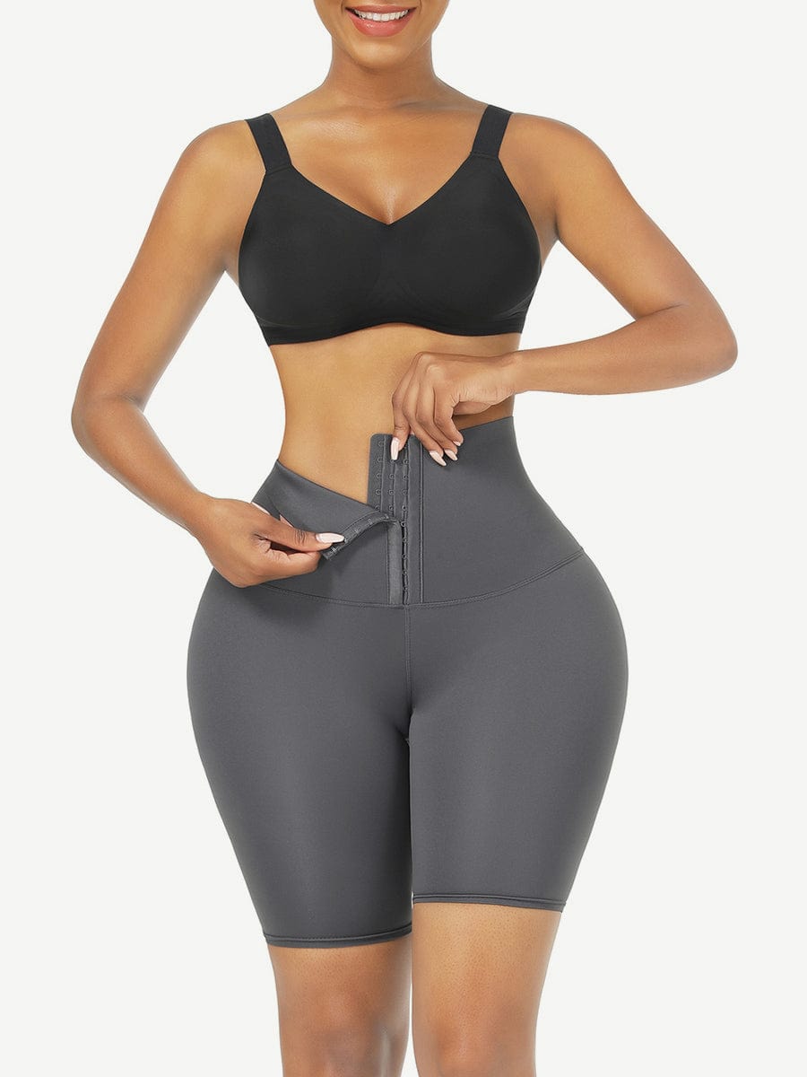 Black Mid Waist 2-In-1 Waist Trainer Shorts with 3 Row Buckle - FirmaHold
