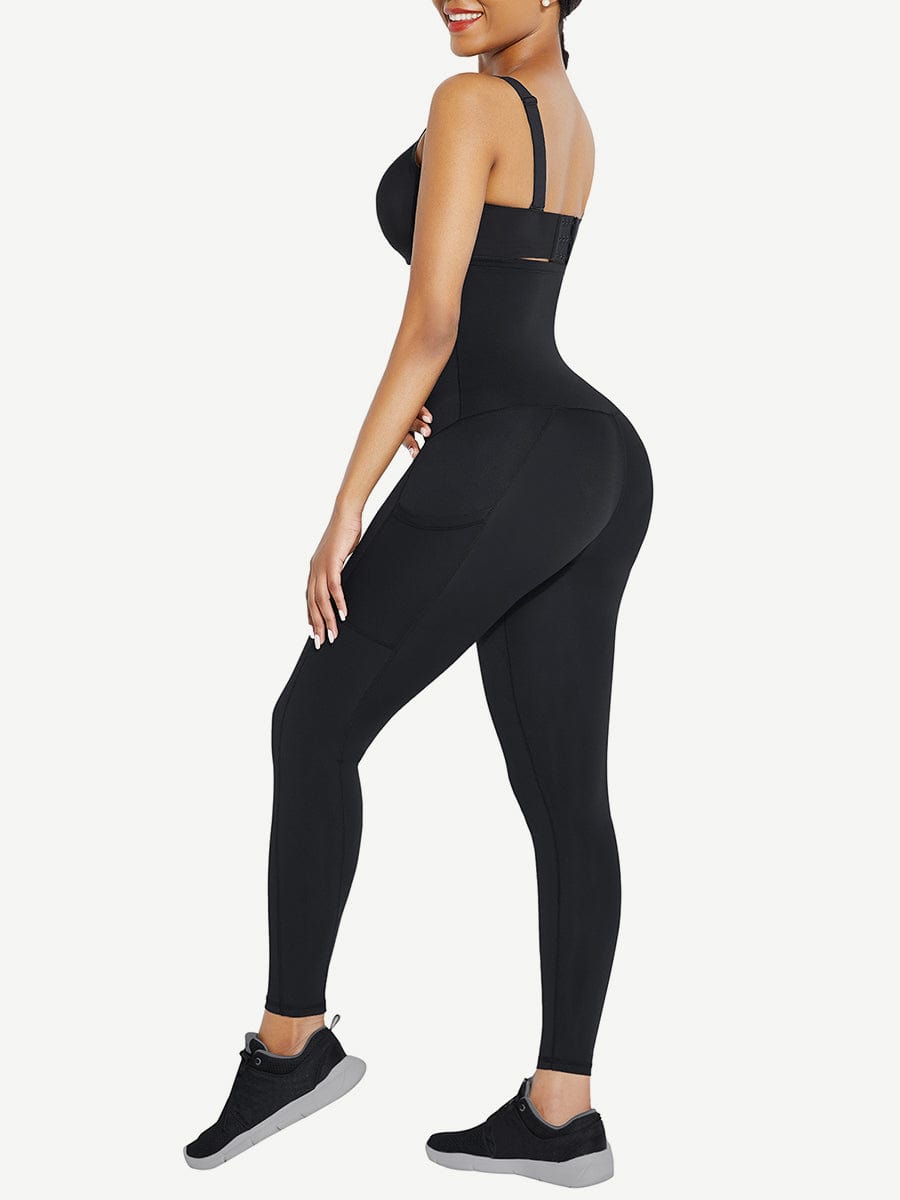 Black High Waist Waist Trainer Leggings with 3 Hook Contour Panel & Pockets - FirmaActive