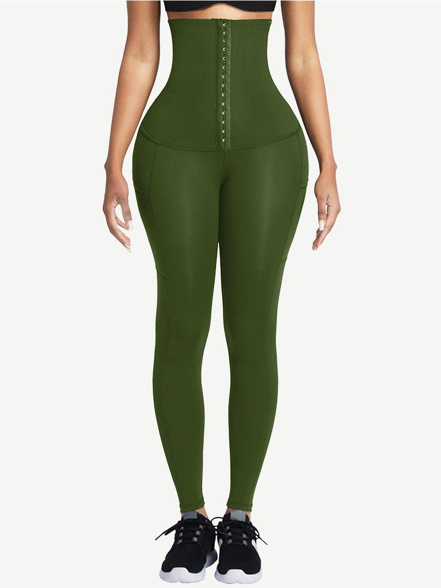 Black High Waist Waist Trainer Leggings with 3 Hook Contour Panel & Pockets - FirmaActive