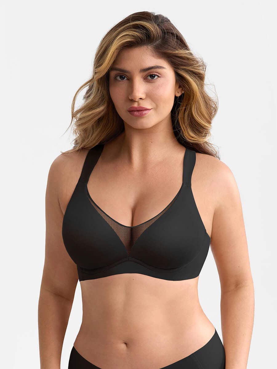 Full Coverage Minimizer Bra with Underwire Side Boning Mesh Plunge - FirmaHold