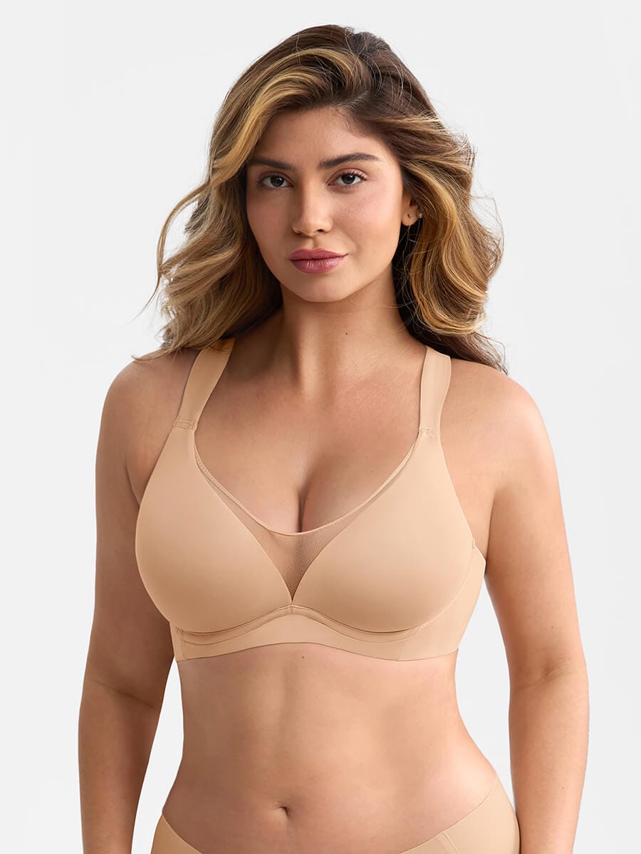 Full Coverage Minimizer Bra with Underwire Side Boning Mesh Plunge - FirmaHold