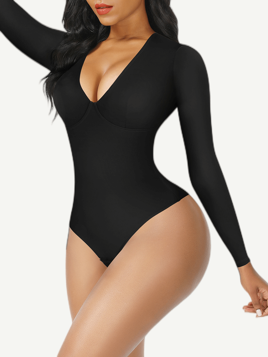 V-Neck Long Sleeve Thong Waist Control Bodysuit - FirmaSculpt