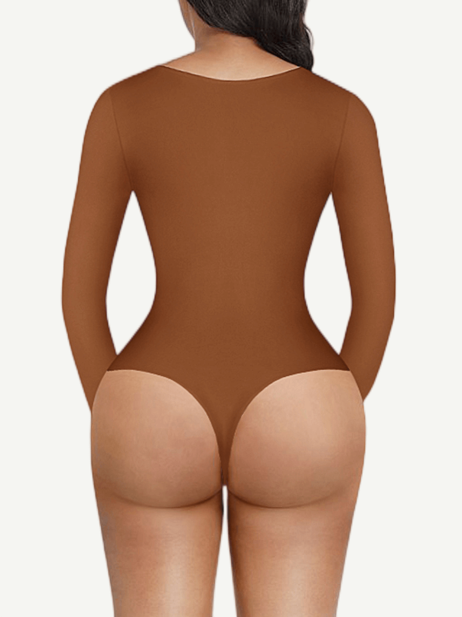 V-Neck Long Sleeve Thong Waist Control Bodysuit - FirmaSculpt