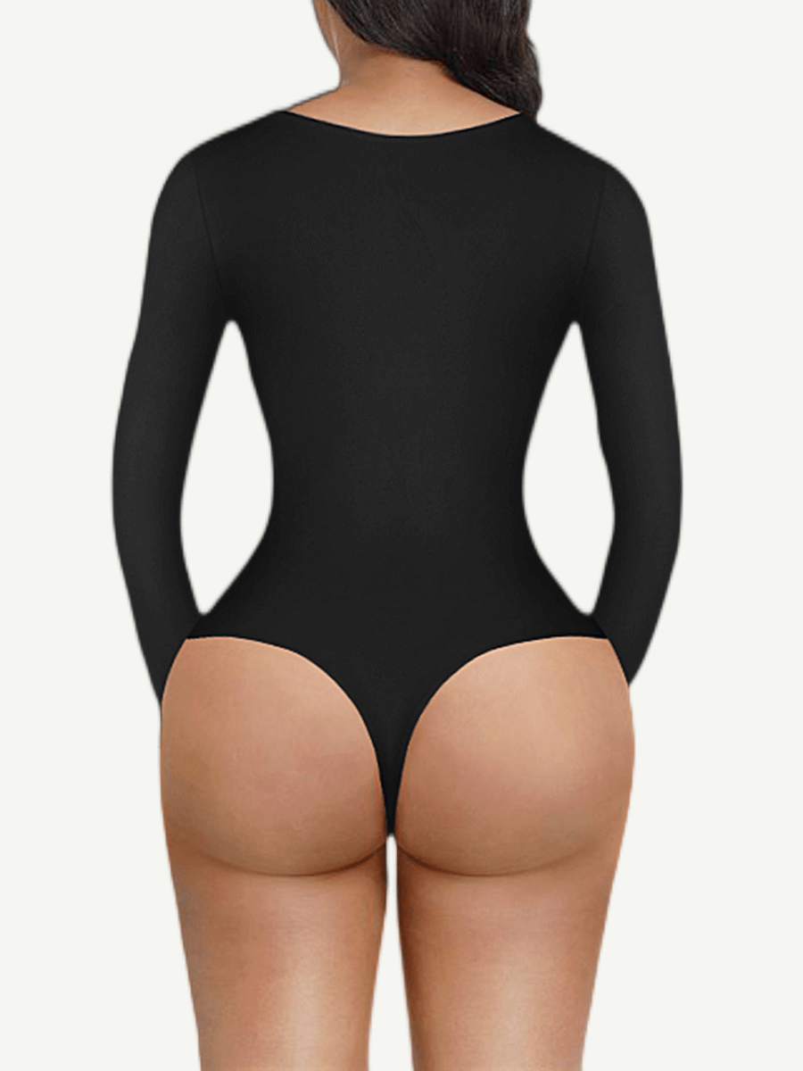 V-Neck Long Sleeve Thong Waist Control Bodysuit - FirmaSculpt