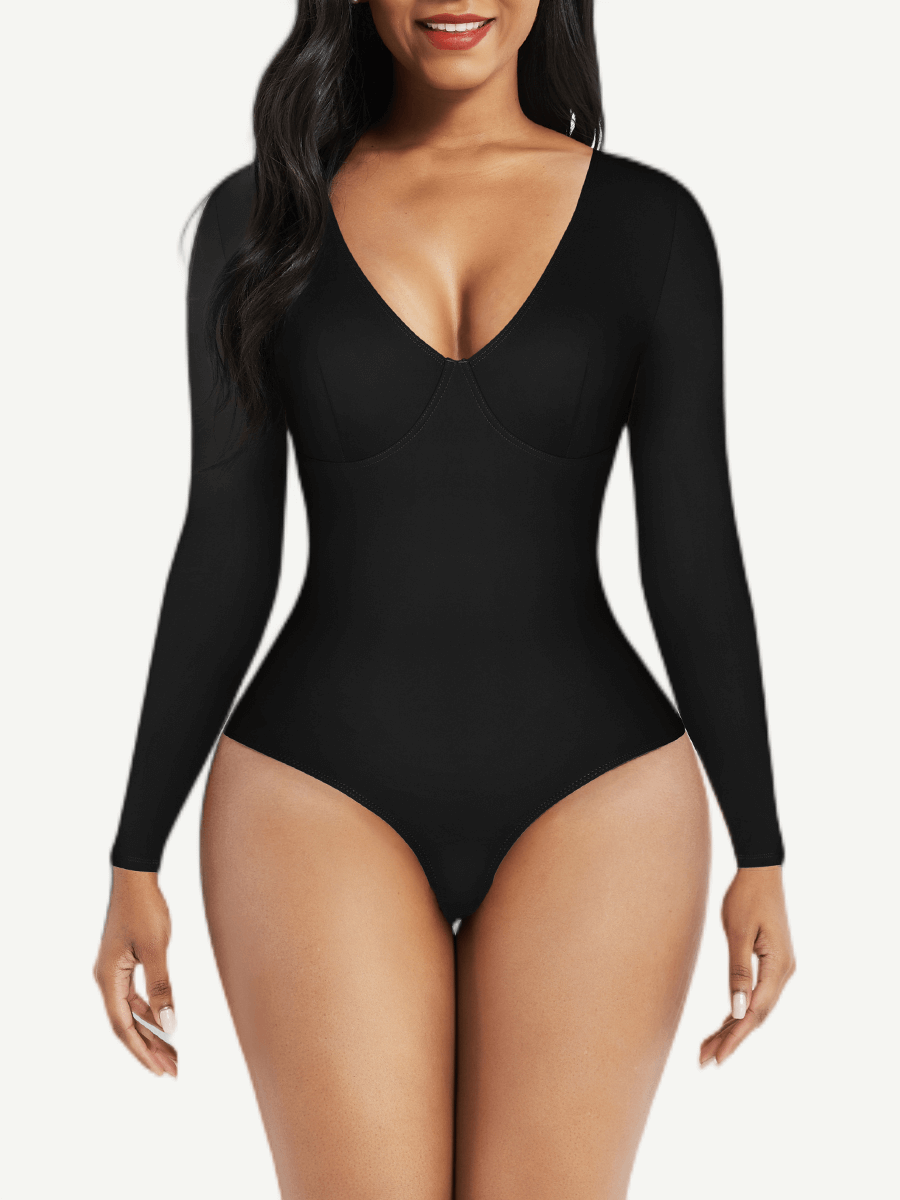 V-Neck Long Sleeve Thong Waist Control Bodysuit - FirmaSculpt