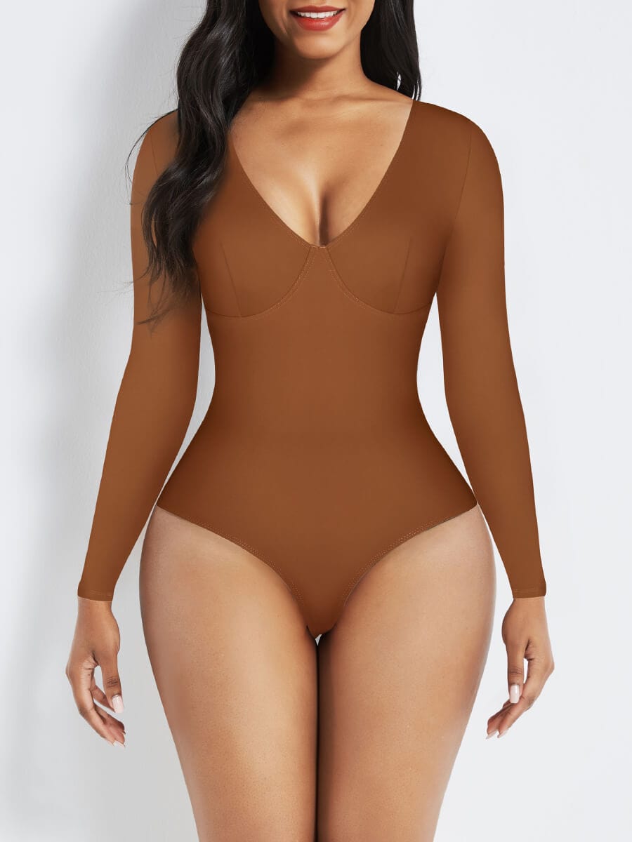 V-Neck Long Sleeve Thong Waist Control Bodysuit - FirmaSculpt