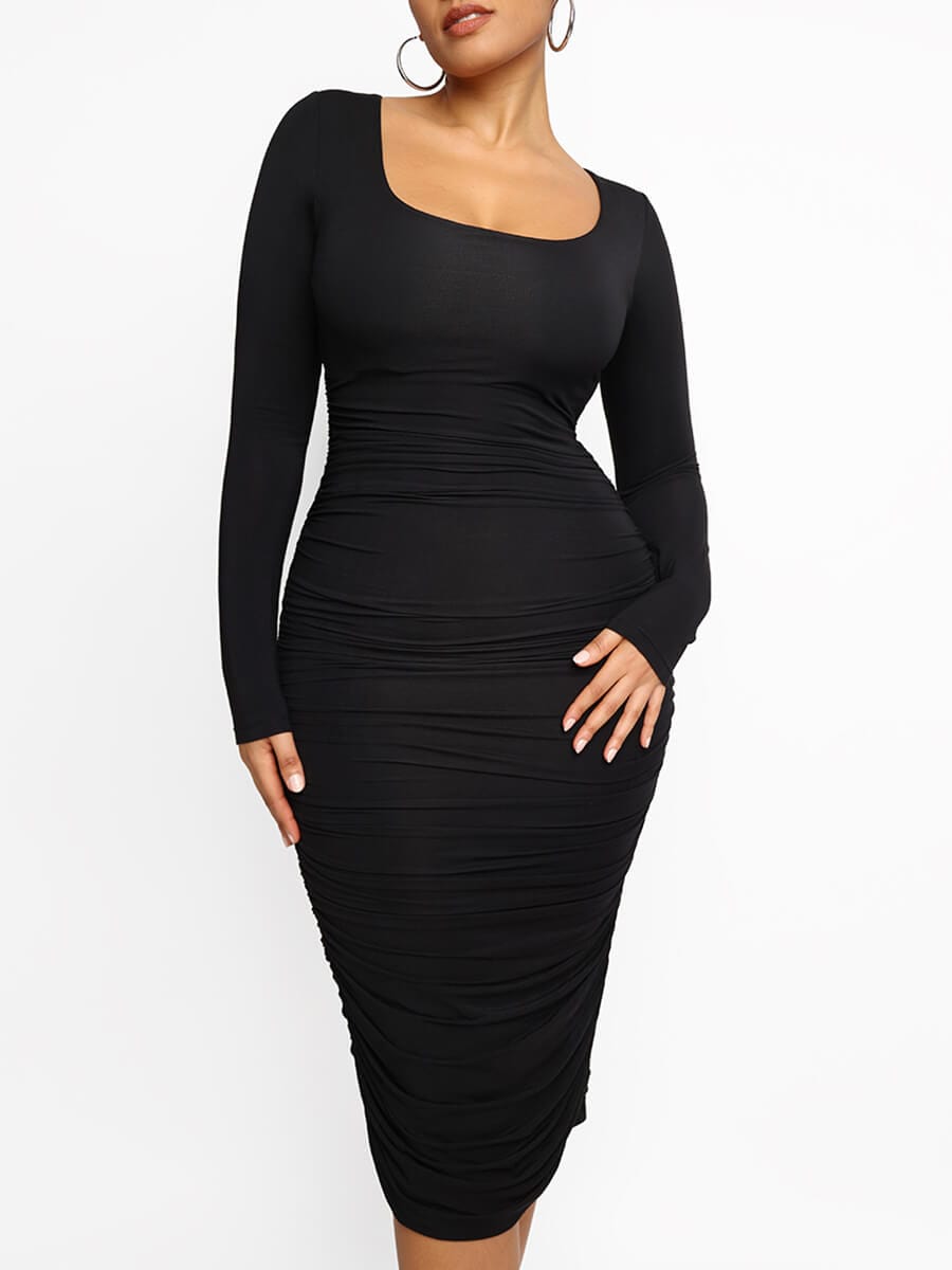 Square-neck Long-sleeve Shaper Dress with Built-in Shapewear - FirmaSmooth