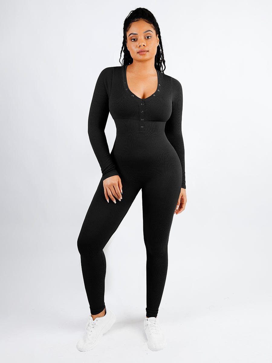 Seamless Deep V-neck High Stretchy Shaping Jumpsuit with Tummy Control - FirmaFlex