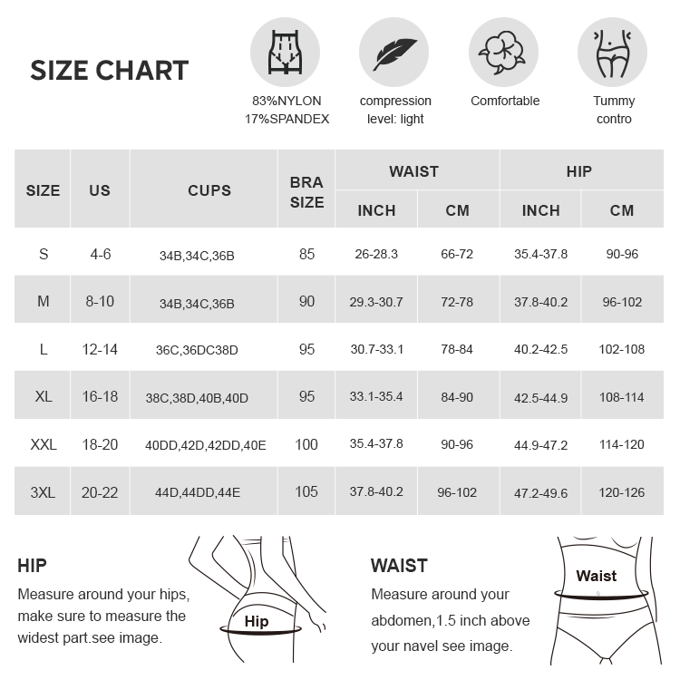 Cupped Strapless Bodysuit Shapewear with Light Support - FirmaActive size chart