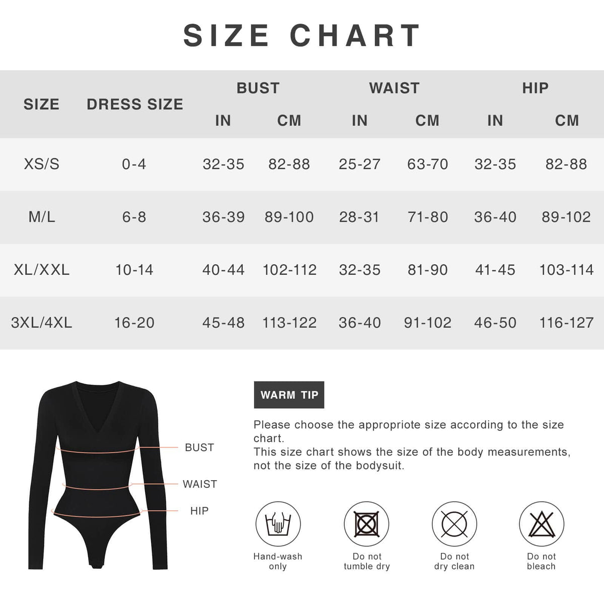Long-Sleeve V-Neck Tummy Control Seamless Bodysuit - FirmaSculpt size chart