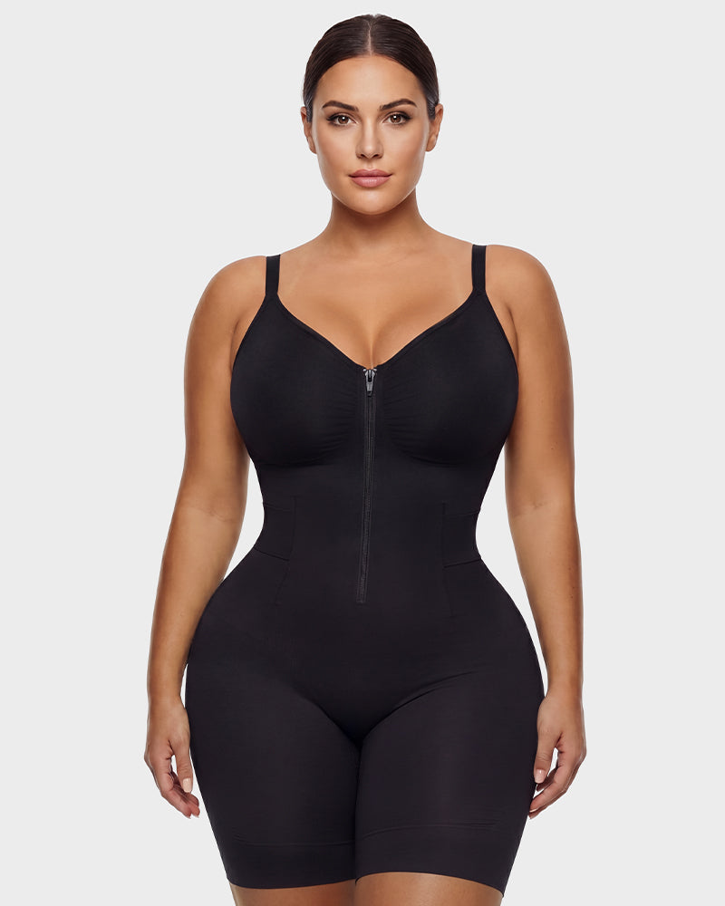 Front-Zip Mid-Thigh Shapewear Bodysuit - FirmaSculpt
