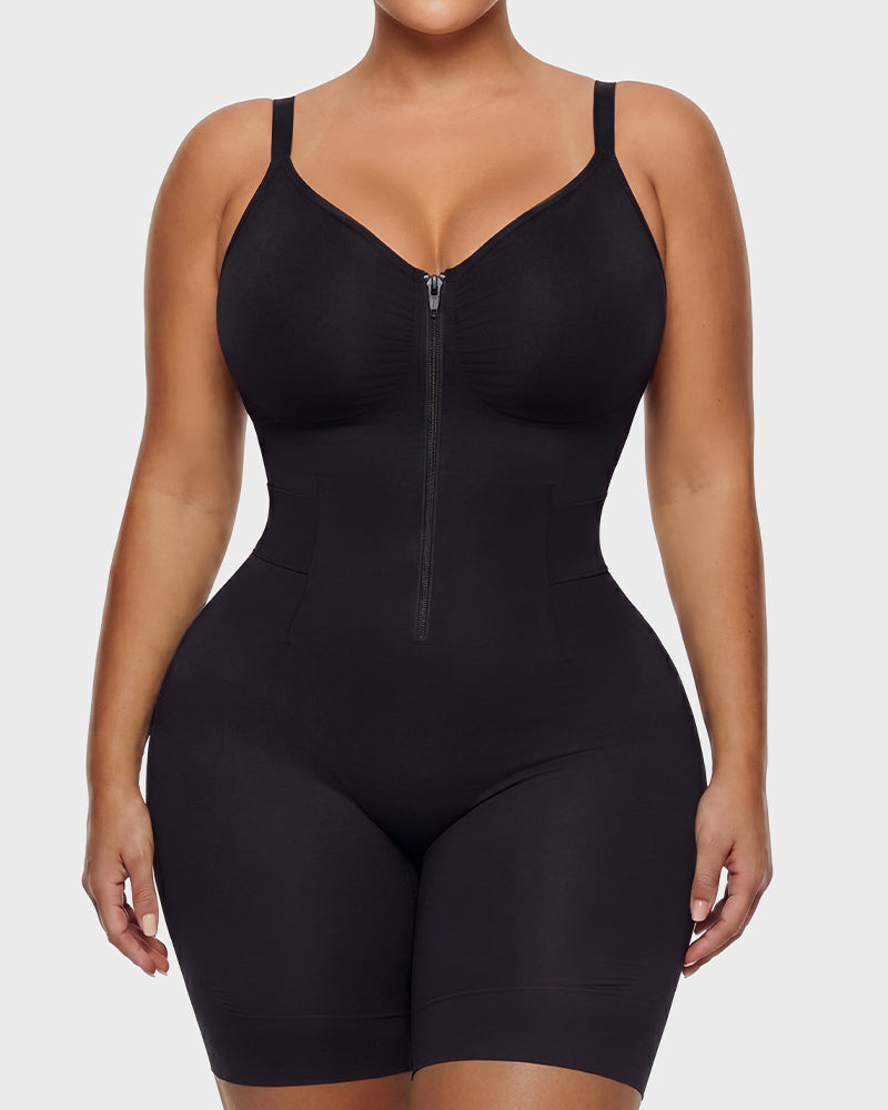 Front-Zip Mid-Thigh Shapewear Bodysuit - FirmaSculpt