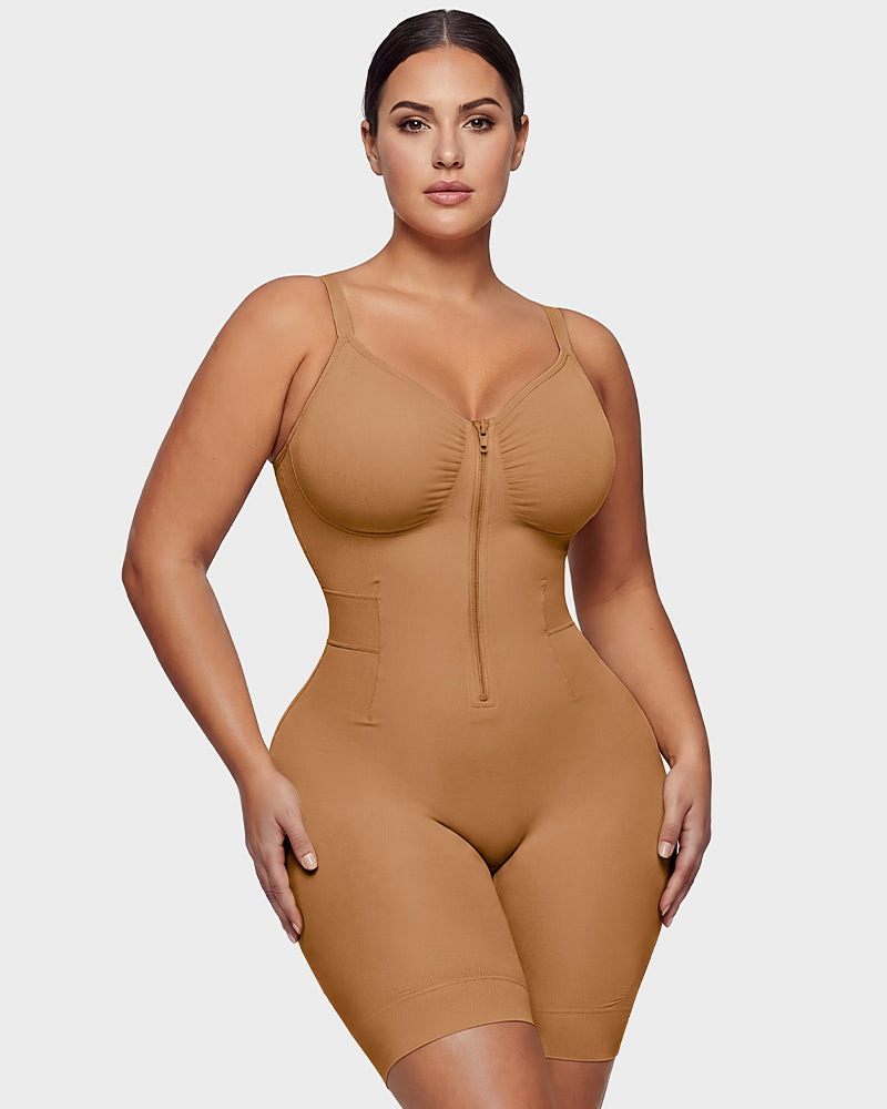 Front-Zip Mid-Thigh Shapewear Bodysuit - FirmaSculpt